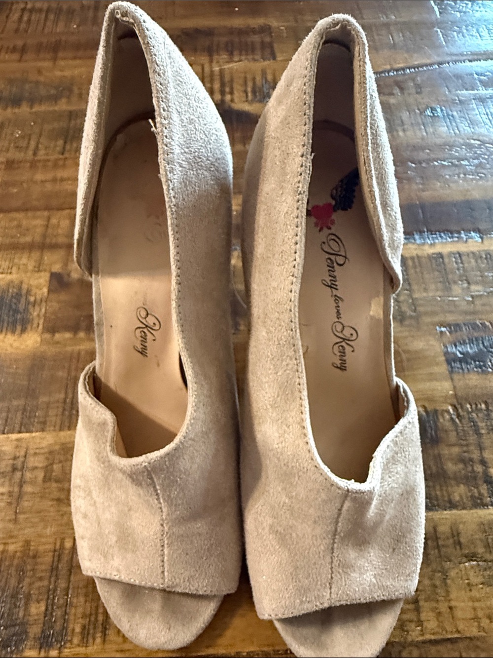Penny Loves Kenny Beige Suede Open-Toe Block Heels